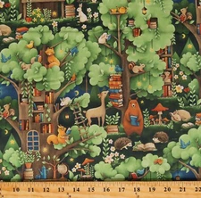 Cotton Woodland Animals Books Library Forest Fabric Print by the Yard D563.56
