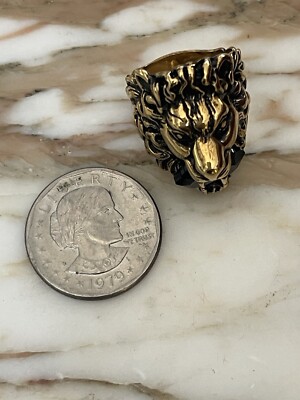 Iconic GUCCI Lion Head Ring Blue Crystal Bronze Gold US Size 5.75