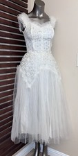 1950s Vintage White  Metallic Silver Tulle Layered Prom Wedding Dress Gown