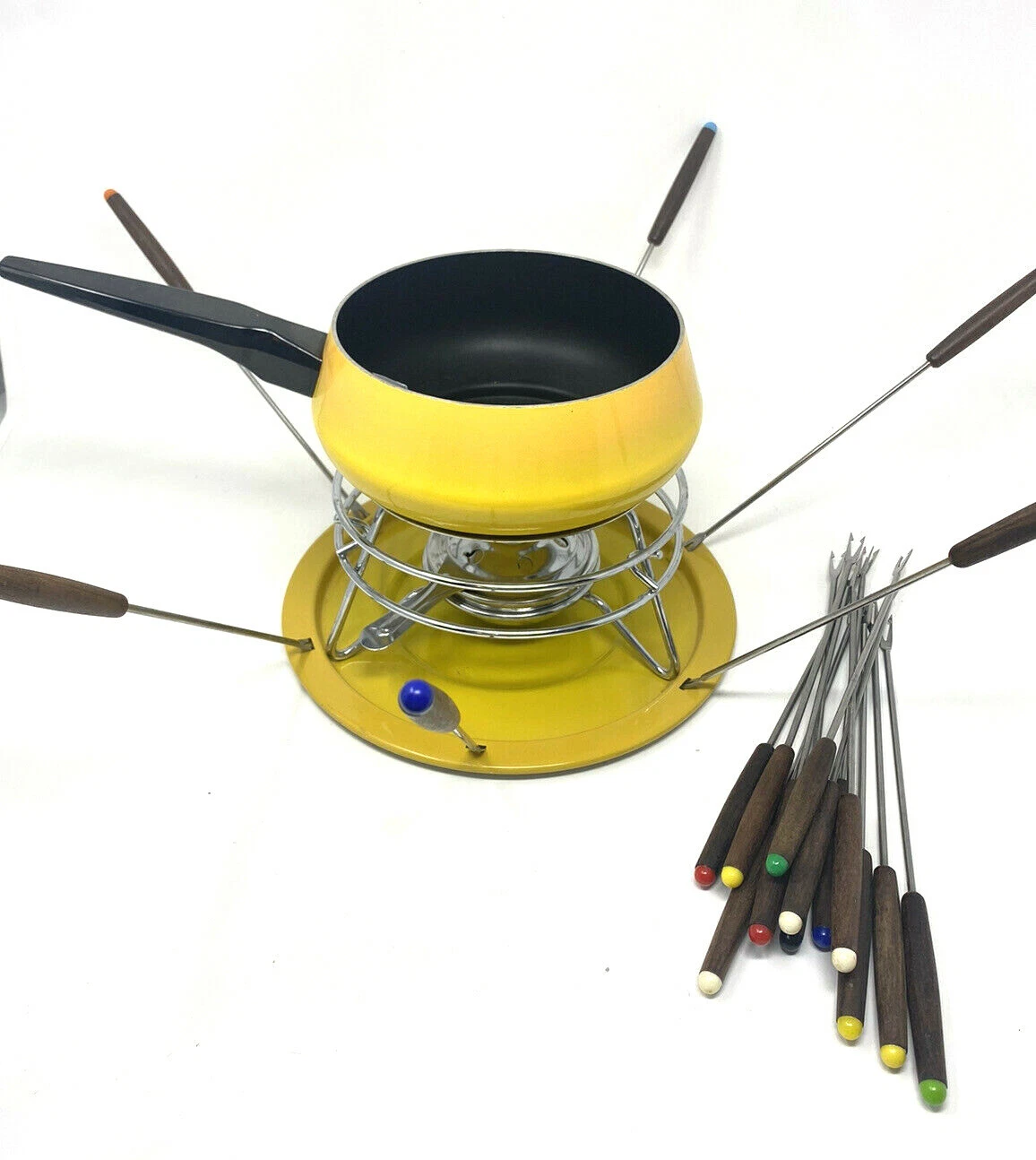 Vtg Mod Yellow Enamelware Fondue Pot Set Stand Burner w/ 18 Rainbow Forks Japan