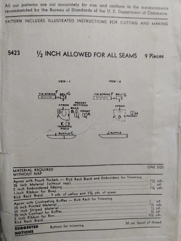 Half Waist Apron Pockets Ruffle 5423 Advance Sewing Pattern VTG 50s Cut Hostess - Image 4 of 4