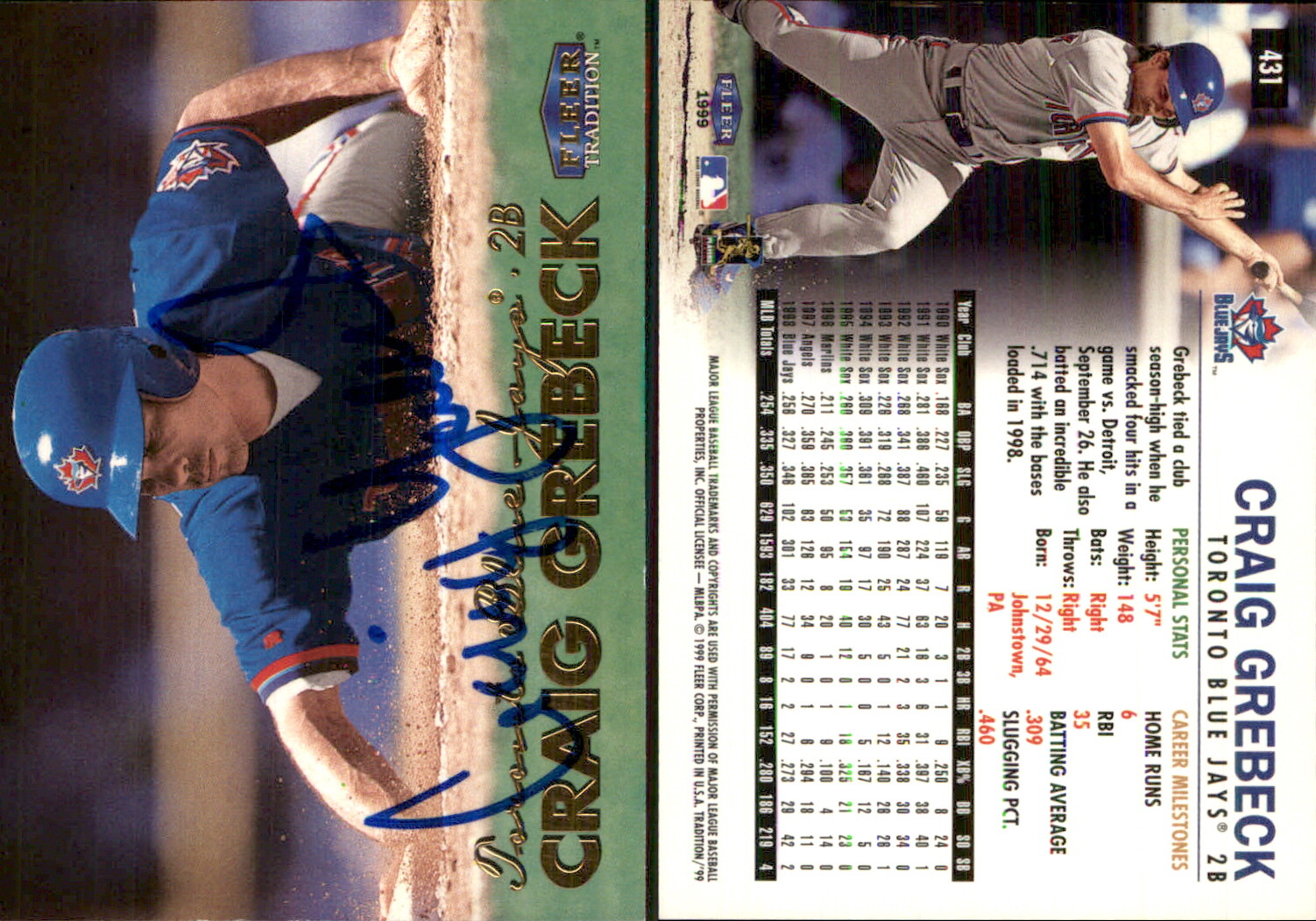 Craig Grebeck Signed 1999 Fleer Tradition #431 Card Toronto Blue Jays Auto AU