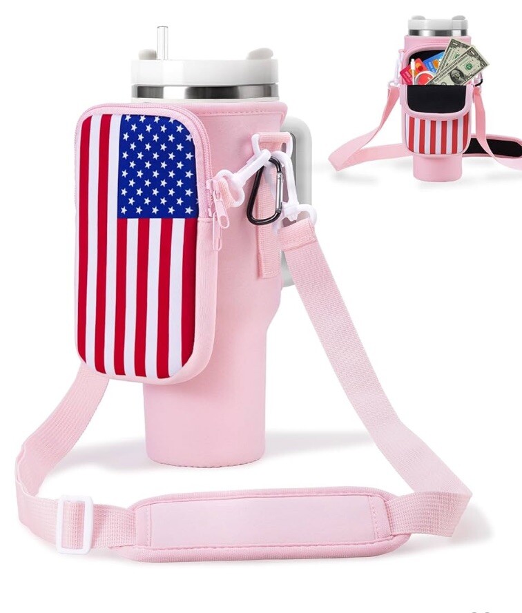 Stanley Cup Pink Neoprene Water Bottle Bag 40oz With Flag Pouch  w/Strap New-image