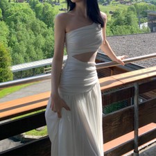 White Sexy Club Slant Shoulder Hollow Out Holiday Evening Party Split Dress