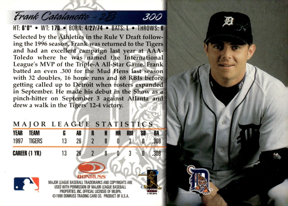 Frank Catalanotto - Signed 1998 Donruss Card #300 - Detroit Tigers Foto 2 de 2