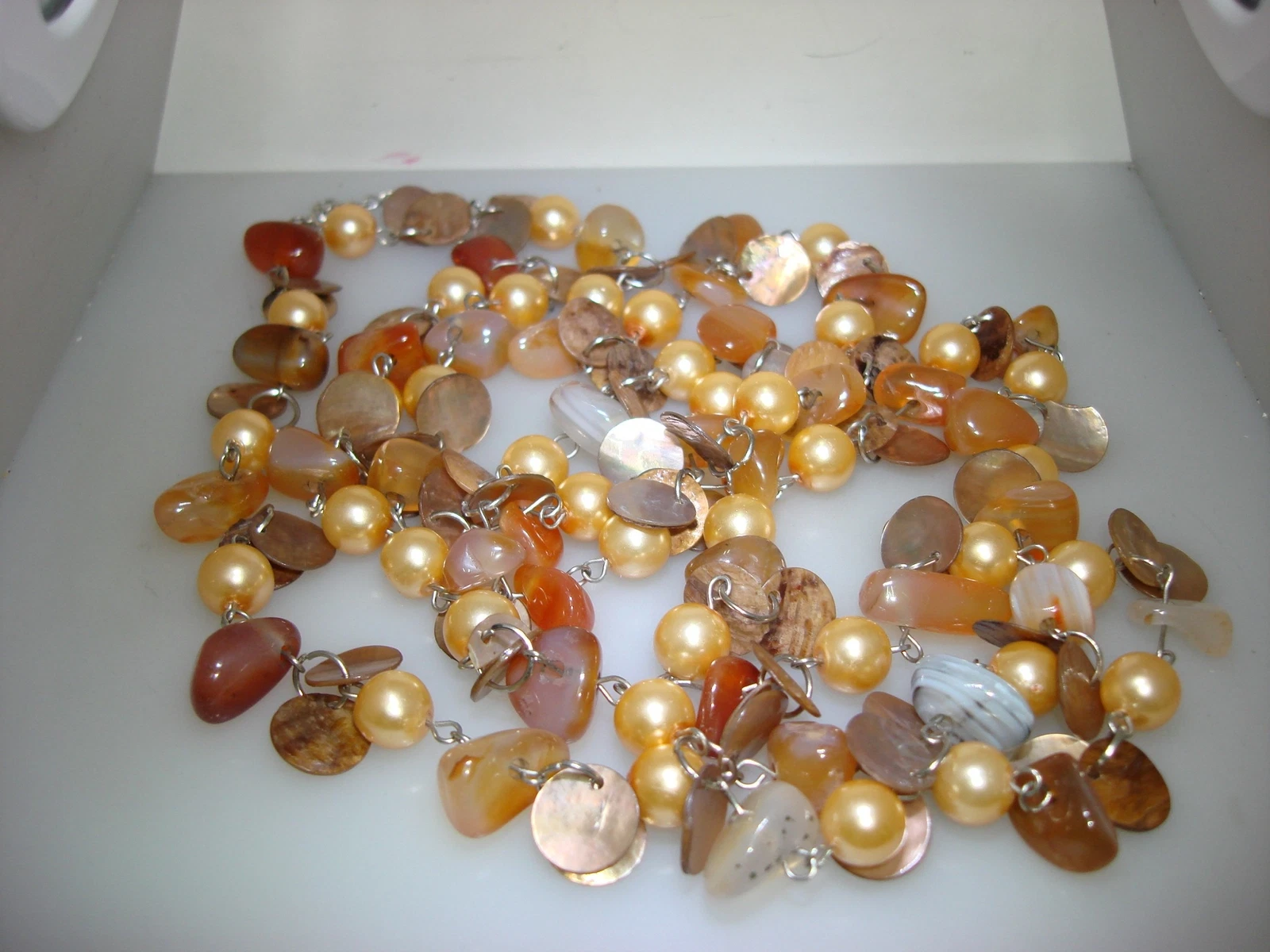 OFF WHITE COLLANA VINTAGE QUARZO LUCIDO MOCIO IRIDESCENTE E PERLE FINTA CREMA 52"!