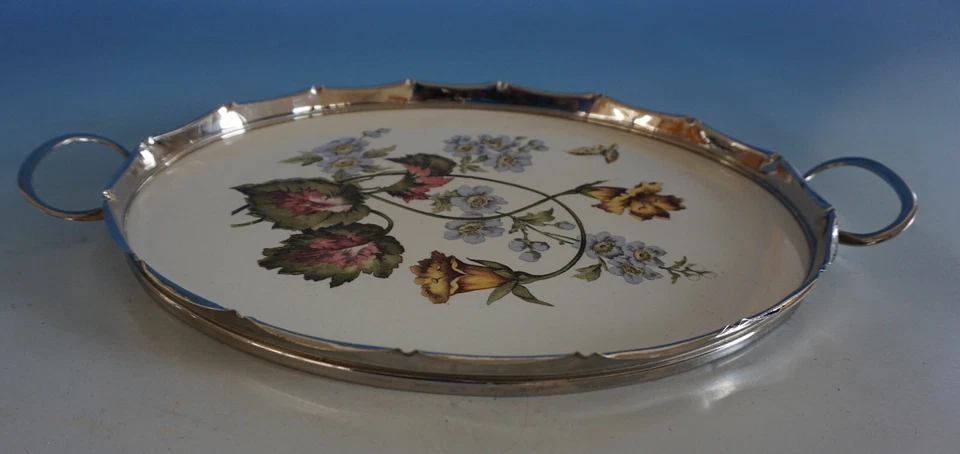 Jugendstil Keramik Spritzdekor Tablett mit Blumen u. Schmetterling (F023-066) - Bild 3 von 4