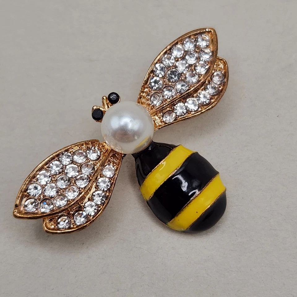 Broche de abeja alfiler disperso imitación perla negro amarillo esmalte pavé pedrería tono dorado Foto 2 de 4