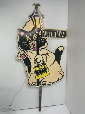 Vintage 90s Halloween Black Cat Witch Way Yard Sign Decor Lamp