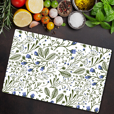 Glas-Herdabdeckplatte Ceranfeldabdeckung 80x52 Grüne Äste mit Blaue Blumen