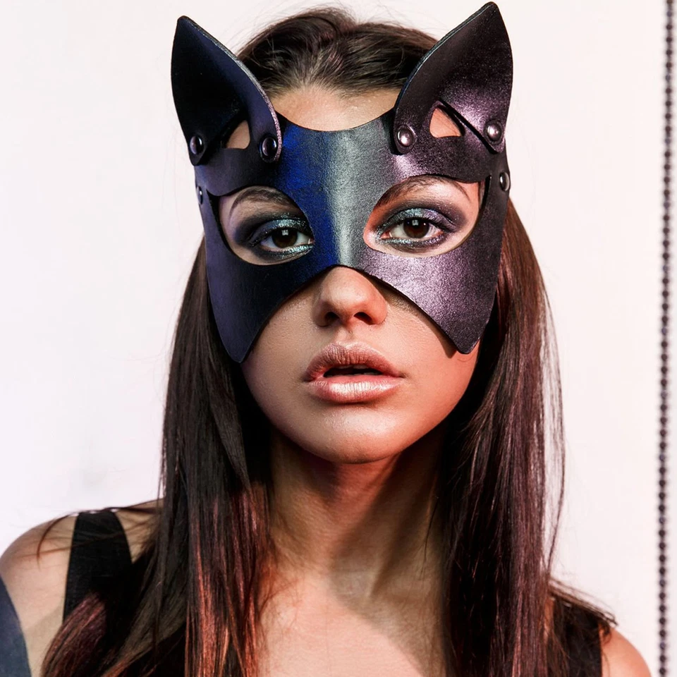 Mujeres Negro Cuero PU Orejas de Gato Máscara Juego de Rol Halloween Mascarada Máscara Disfraz Foto 3 de 4
