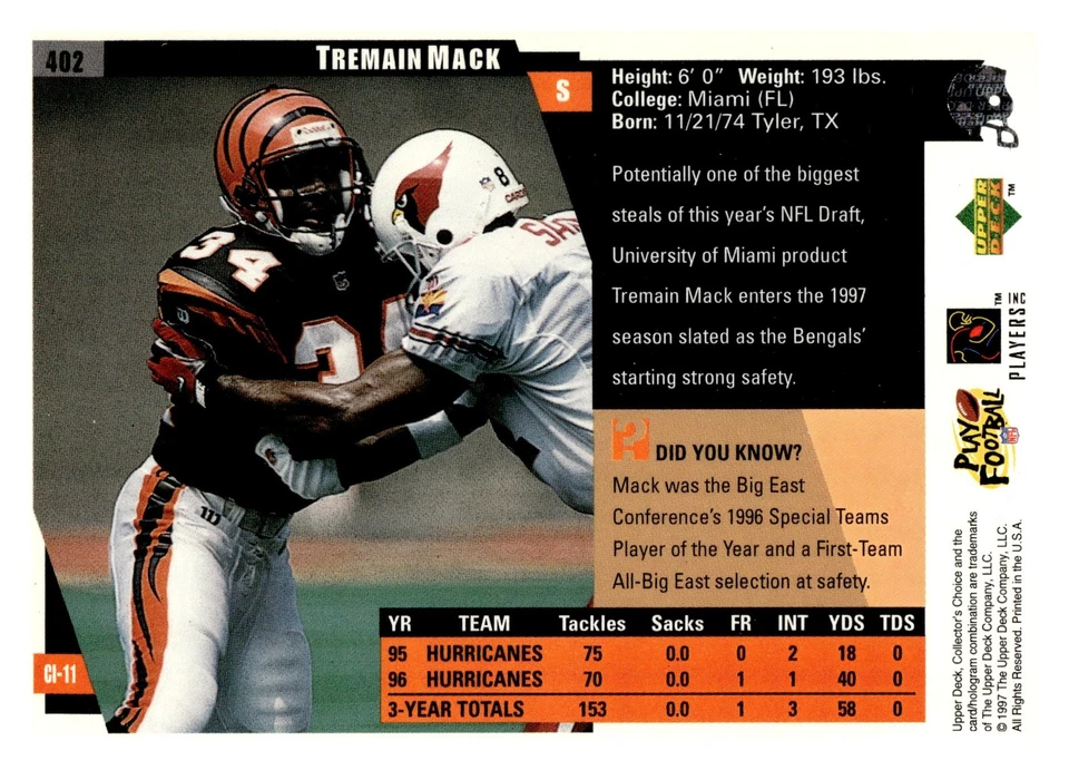 1997 Collector's Choice Tremain Mack #402 Cincinnati Bengals - Image 2 of 2