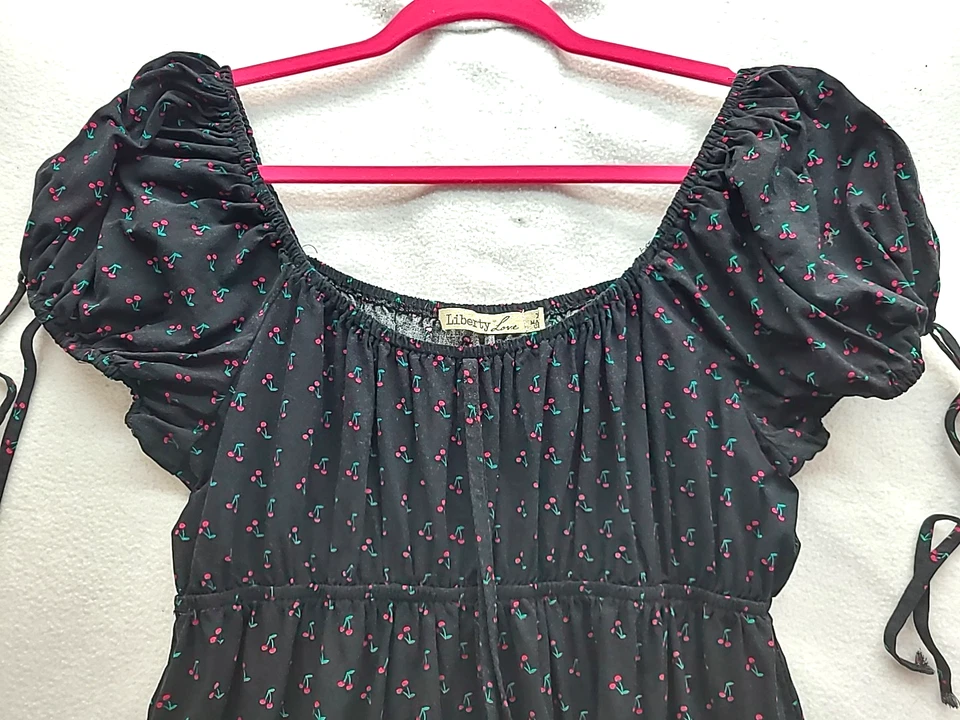 Liberty Love Dress Womens XL Black Red Cherries Milk Maid Babydoll Puff Sleeve - Image 3 of 4