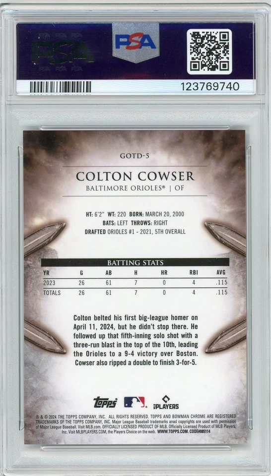 2024 Bowman Chrome Colton Cowser Gladiators of the Diamond Gold /50 RC PSA 10 - Image 2 of 3
