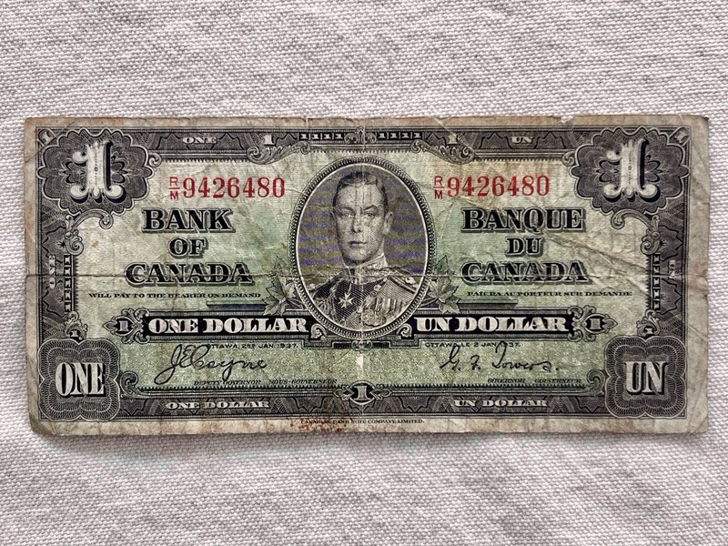 1937 CANADA, BANK OF CANADA, $1 DOLLAR, KING GEORGE VI father of Queen Elizabeth