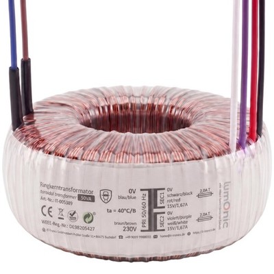 Ringkerntrafo Transformator 50VA, Primär 230V AC, Sekundär 2x 15V AC oder 1x 30V