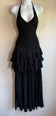 Vintage 90s Y2K Black Halter Ruched Ruffle Maxi Dress S NWT Train Cyber Goth - Image 1 of 4