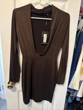 Pretty Little Thing Women's Brown Drape Mini Dress US 6 UK 10 Long Sleeve NWT