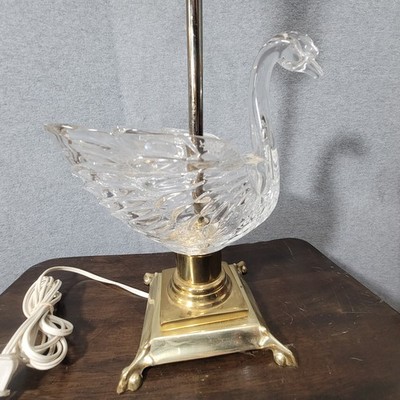 Elegant Crystal Gllass Swan Bowl Table Lamp Brass Base Vintage Style Accent