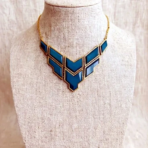 Teal Geometric Statement Necklace Art Deco Chevron Bib Gold-Tone 17-19in - product listing photo