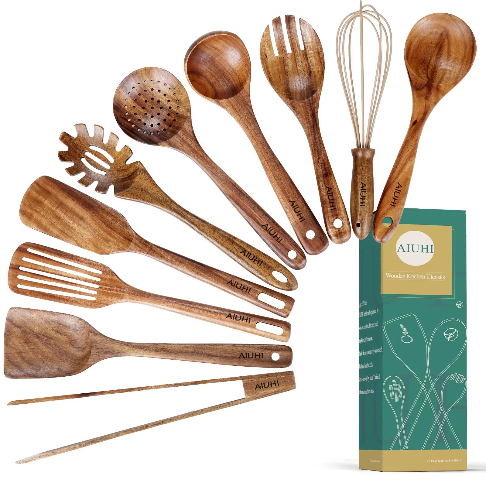 10 Pack Wooden Utensils for Cooking, Wood 10 pack without holder,