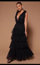 Fashion Nova NWT Nya Tulle Tiered Maxi Black Gown Large Wedding NYE Prom Formal