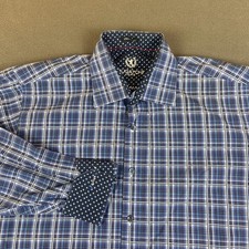 Bugatchi Uomo Shirt Mens XL Blue Plaid Flip Cuff Button Up Preppy Classic Fit