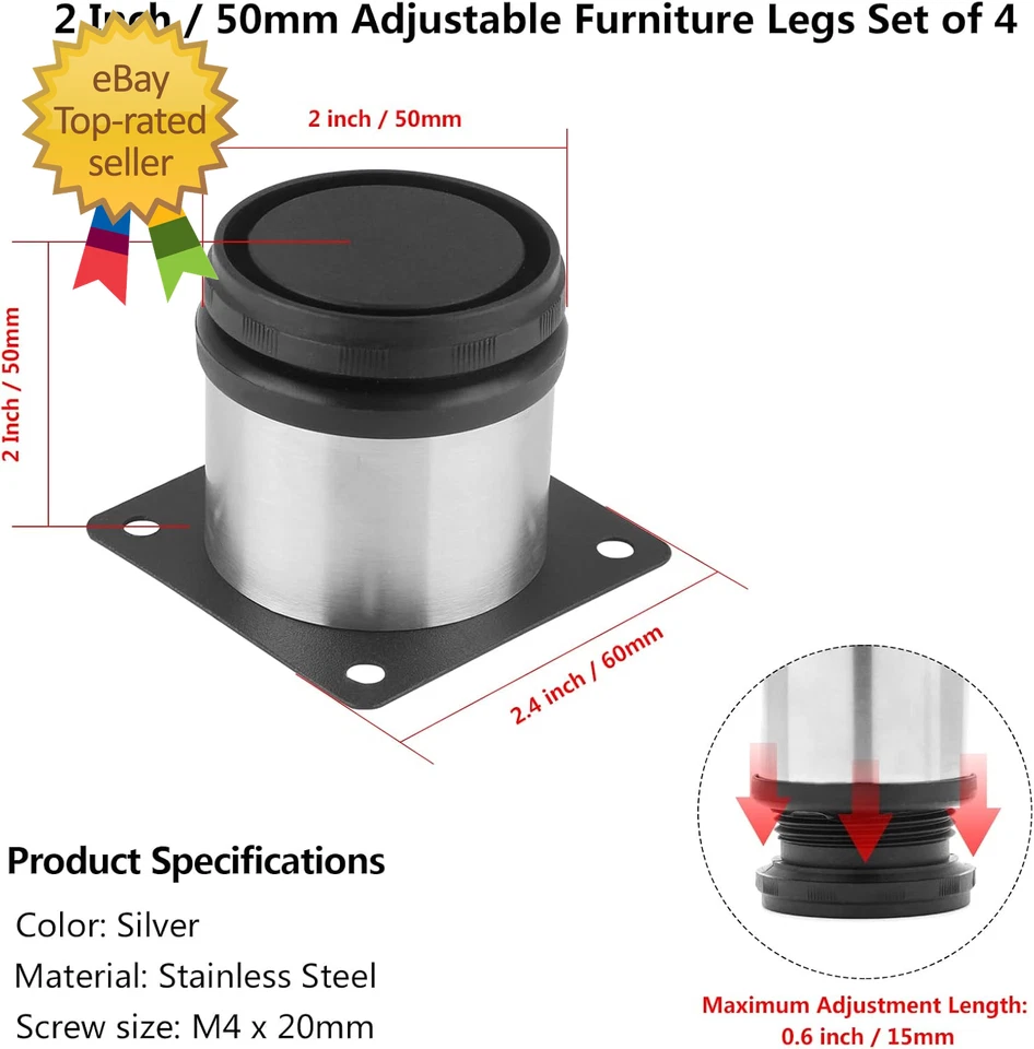 Juego de patas de sofá ajustables de 2 pulgadas/50 mm de diámetro Sta redondas Foto 4 de 4
