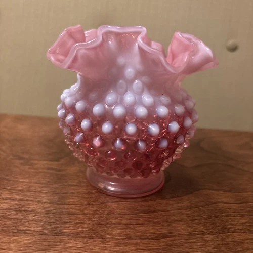 Fenton Vintage Cranberry Opalescent Glass Hobnail Ruffled Laced Edge Vase Gift