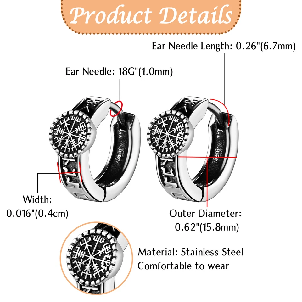 Pendientes de aro Huggie de brújula runa valknut de acero inoxidable vikingo para hombre y mujer 18G Foto 2 de 4
