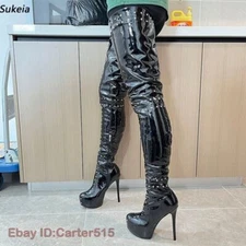 Women Winter Thigh Boots Patent Stiletto Heels Round Toe Black Party Shoes