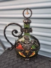  Ornate Vintage Germany Metal Encased Green Glass Wine Bottle w/ Iron Handle