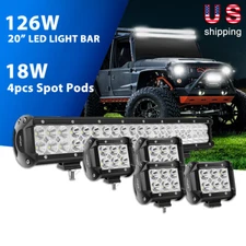 Nilight 20" 126W Spot Flood Combo LED Light Bar 4PCS 18W Spot Fog Pods for Jeep