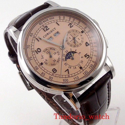 Corgeut 42mm Pink Dial Day Week Month Multifunction Automatic Mens Watch Leather - Picture 9 of 10