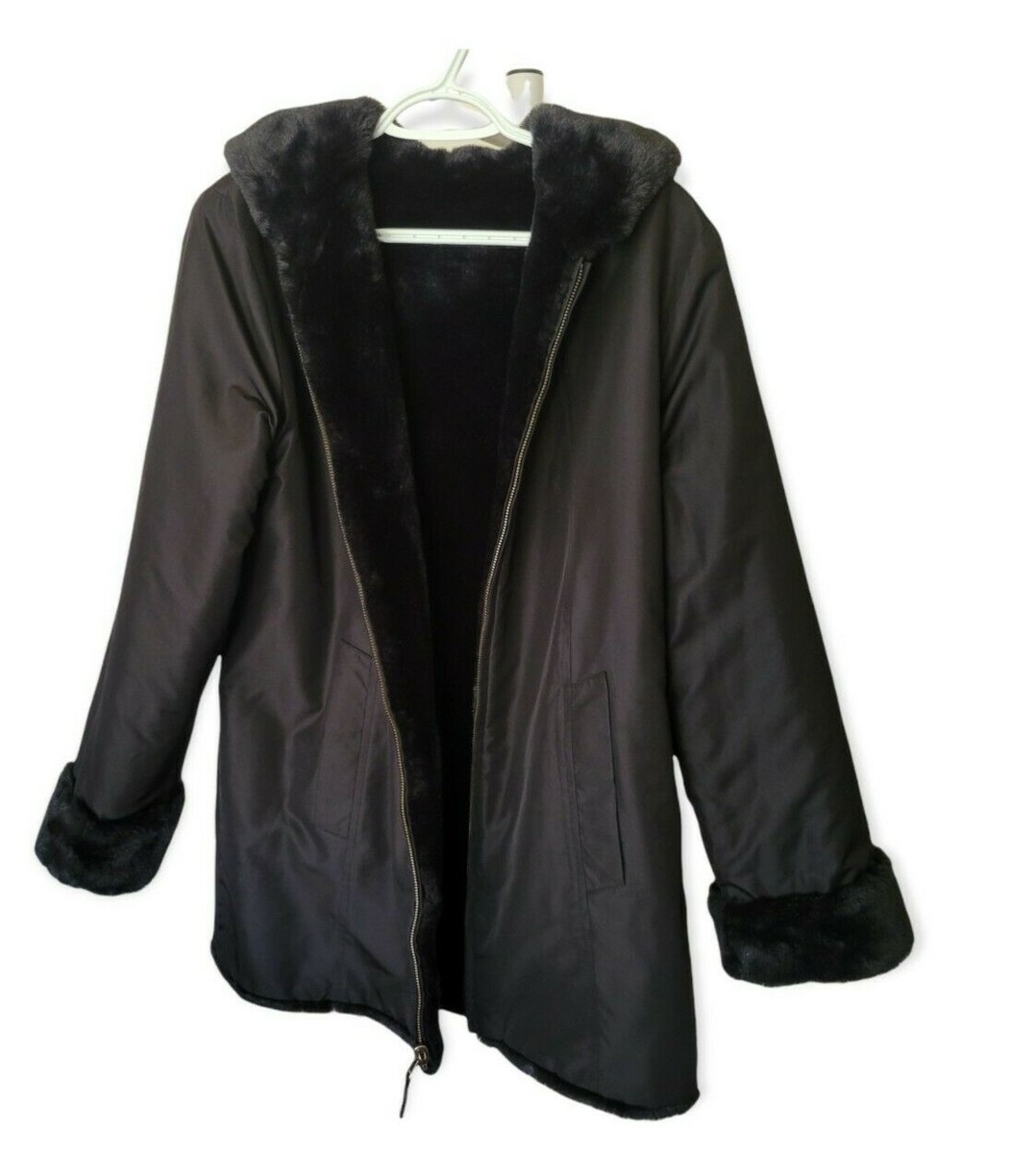 【BAON】Bokomi Reversible Fleece Long Field Coat Faux Mink Fur Reversible Black Coat Jacket with Hood and