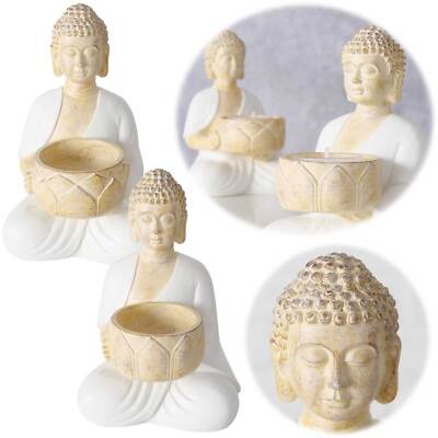 2x Teelichthalter Buddah Statuen 15cm Beige Weiß Figuren sitzend Teelichtständer