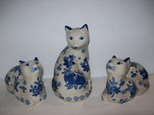 Set of (3) Vintage Delft Blue Ceramic Cat Figurines, EXCELLENT