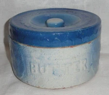 Antique Stoneware Butter Crock ~ Blue & White Salt Glaze Pottery ~ w/Lid no Bail