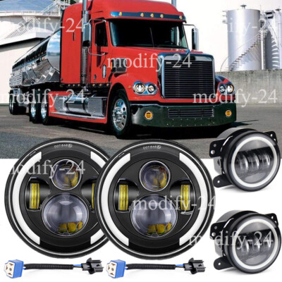 Fit Freightliner Coronado 7inch Round LED Headlights + 4inch LED Fog Light Combo