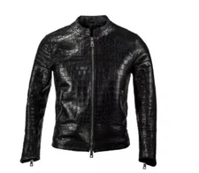 Men’s Real Black Leather Motorcycle Jacket Stylish Crocodile Pattern Coat