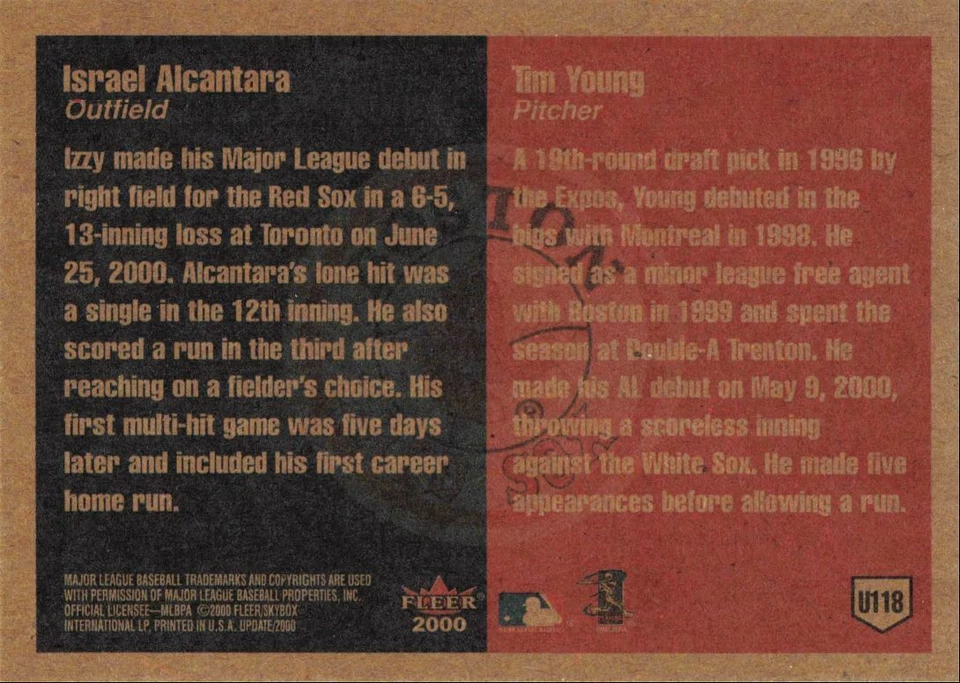 2000 Fleer Tradition Update Israel Alcantara Tim Young Boston Red Sox #U118 - Image 2 of 2