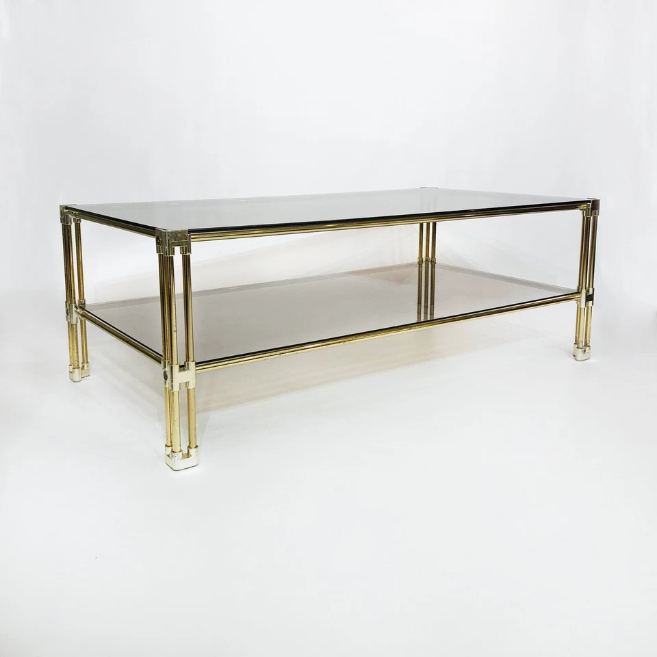 Brass Two-Tiered Coffee Table Hollywood Regency Gold Smoked Glass 1970s Glamour - Image 2 of 4