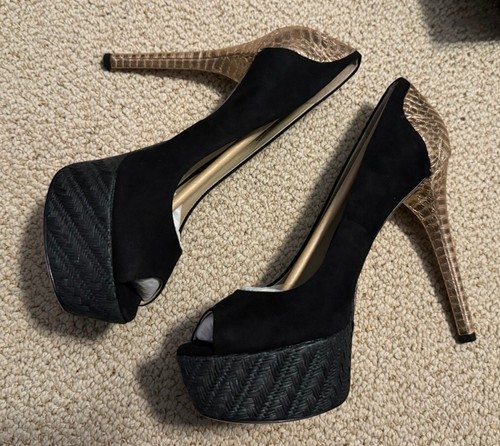 Brian Atwood Platform Pumps Black Suede & Gold Python NIB 10B - Picture 3 of 14