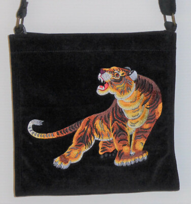 Vivienne Tam Damentasche, Umhängetasche schwarz,Cordsamt, gestickter Tiger, RAR