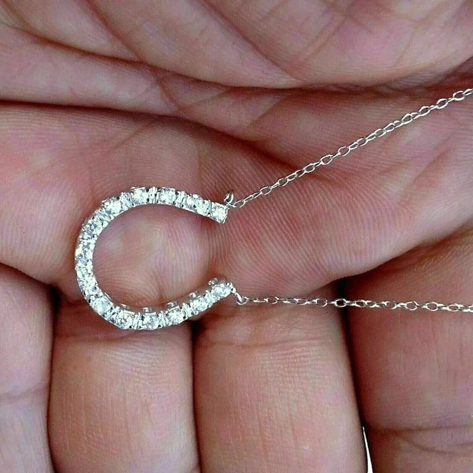 2Ct Round Lab Created Diamond Horseshoe Pendant Necklace 14k White Gold Plated - Image 4 of 4