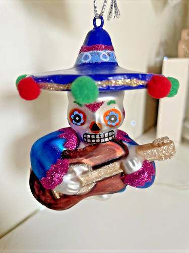 Day of the Dead Sugar Skull Guitar Glass Christmas Ornament Dia de Los Muertos - Picture 2 of 8
