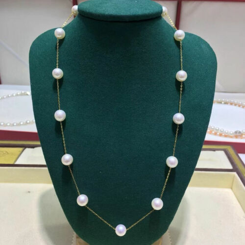 9-8mm Natural Round South Sea White Pearl Station Necklace 14k Yellow Gold F - 第 1/4 張圖片