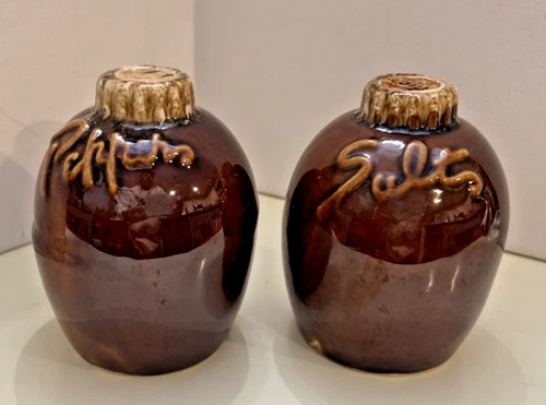 Vintage HULL Pottery Salt & Pepper Shakers Brown Drip Glaze Oven Proof USA 4"