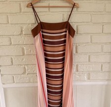 DKNY Striped Brown Pink Red White Slip Dress Midi Sleeveless Straight Neck