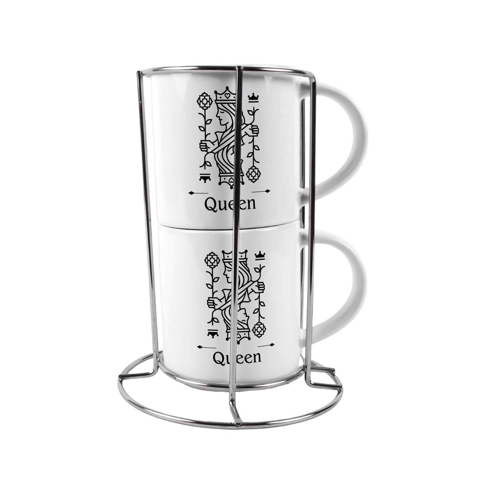 Queen Stacking Mugs Set Gift - Black Playing Cards Ceramic Cups Gift